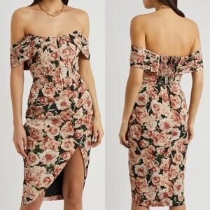 Lavish Alice Floral Rose Print Off The Shoulder Corset Midi Dress